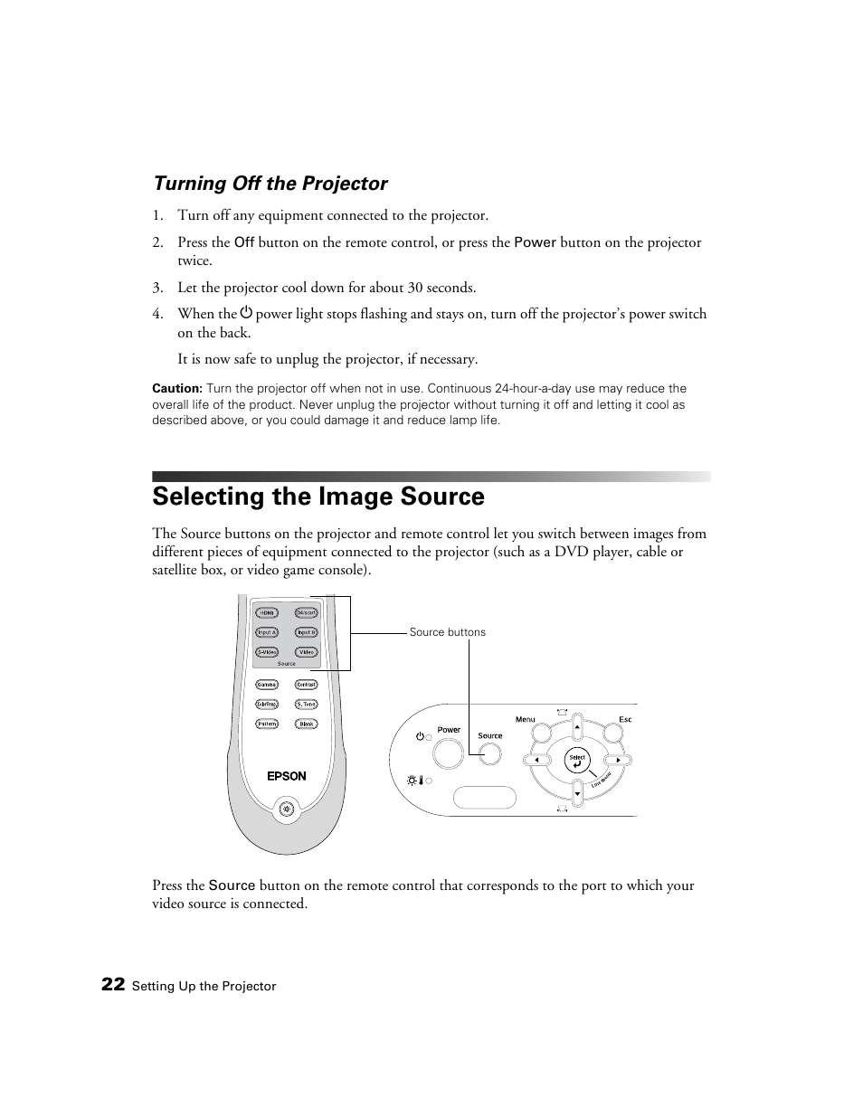 Turning off the projector, Selecting the image source | Epson 550 User Manual | Page 22 / 78