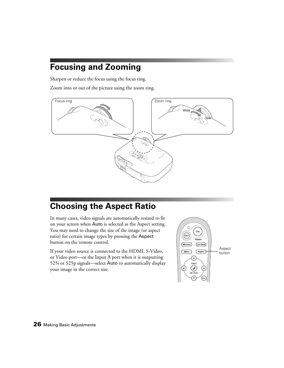 Focusing and zooming, Choosing the aspect ratio | Epson 550 User Manual | Page 26 / 78