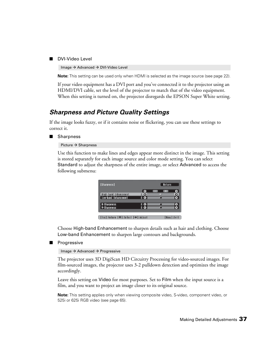 Sharpness and picture quality settings | Epson 550 User Manual | Page 37 / 78