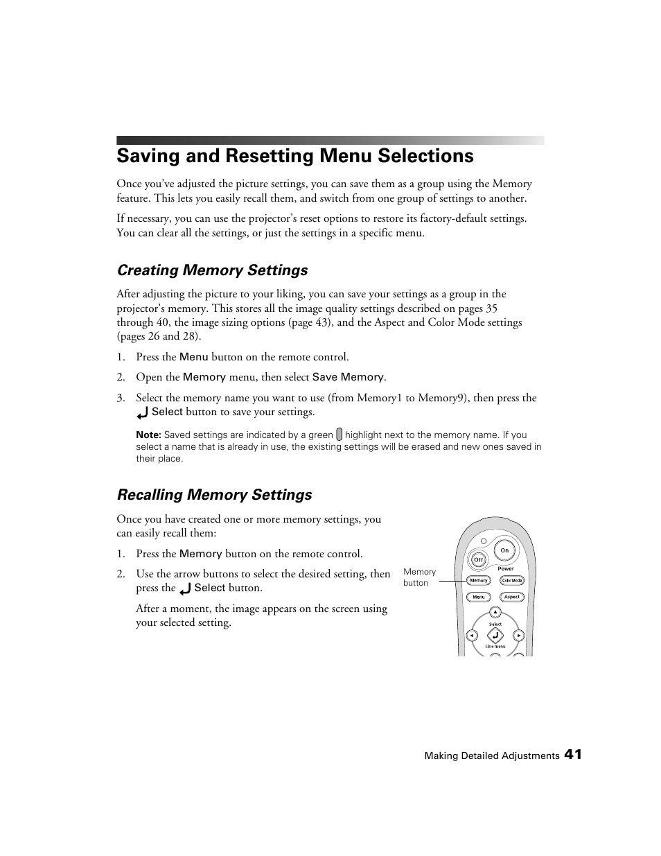 Saving and resetting menu selections, Creating memory settings, Recalling memory settings | Epson 550 User Manual | Page 41 / 78