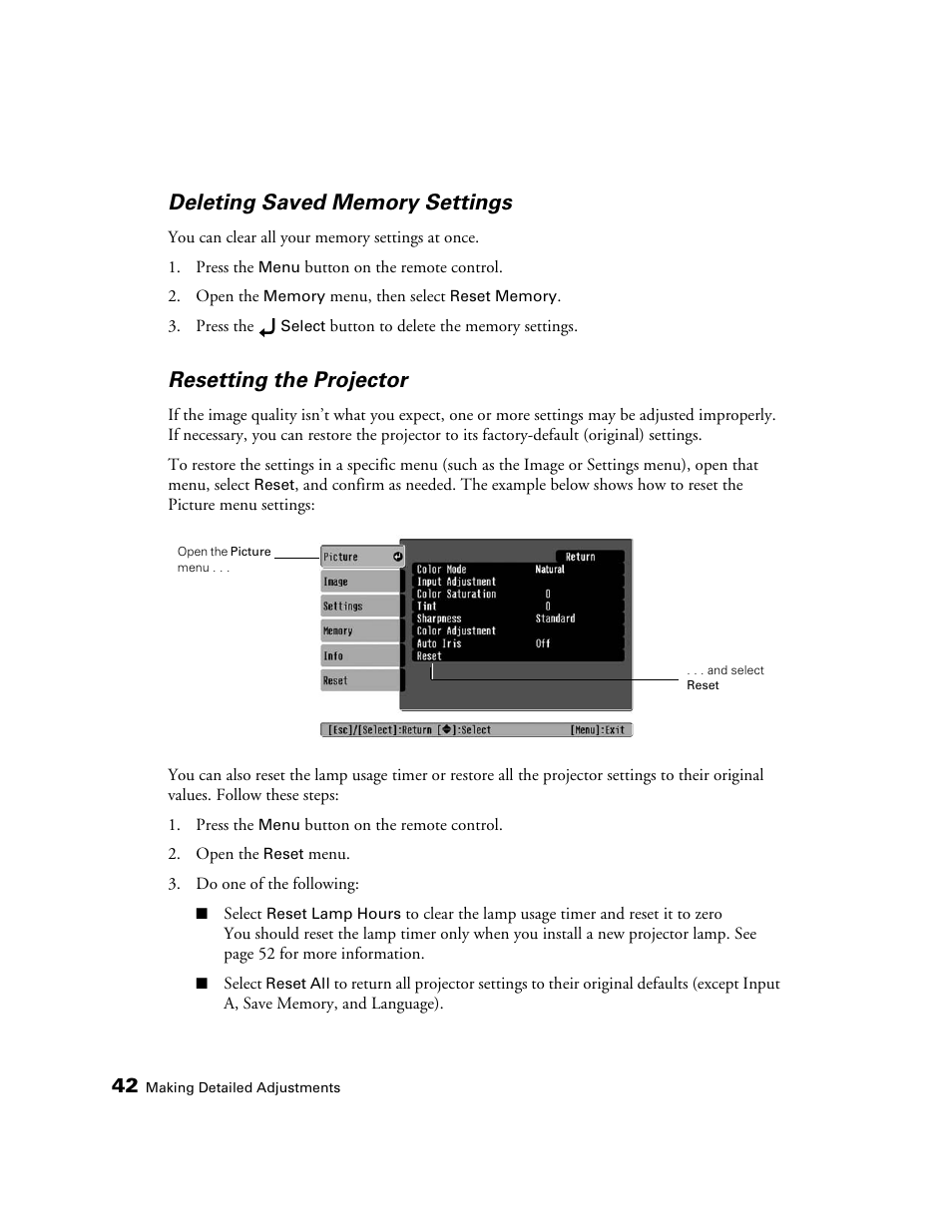 Deleting saved memory settings, Resetting the projector | Epson 550 User Manual | Page 42 / 78