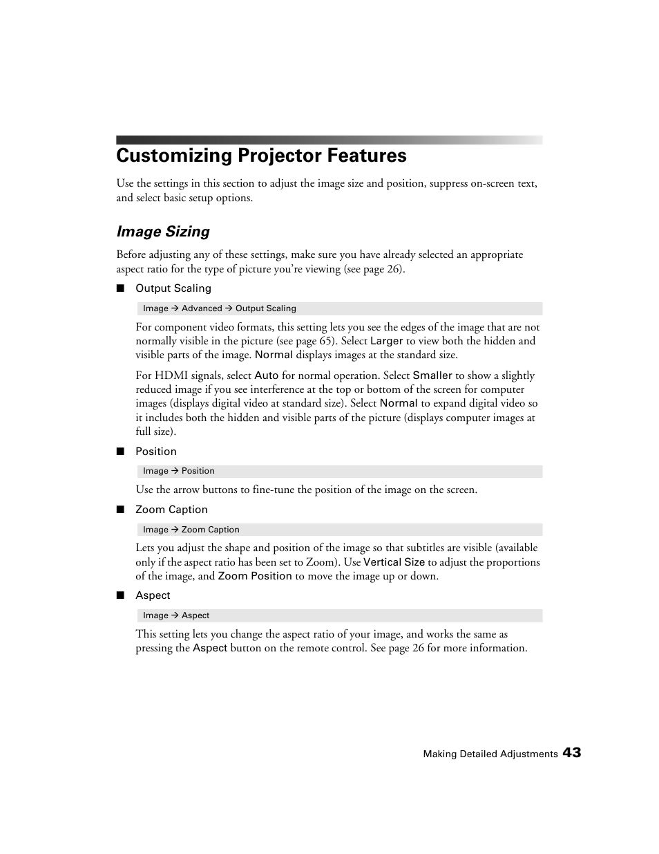 Customizing projector features, Image sizing | Epson 550 User Manual | Page 43 / 78