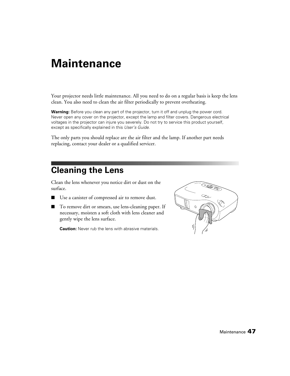 Maintenance, Cleaning the lens | Epson 550 User Manual | Page 47 / 78