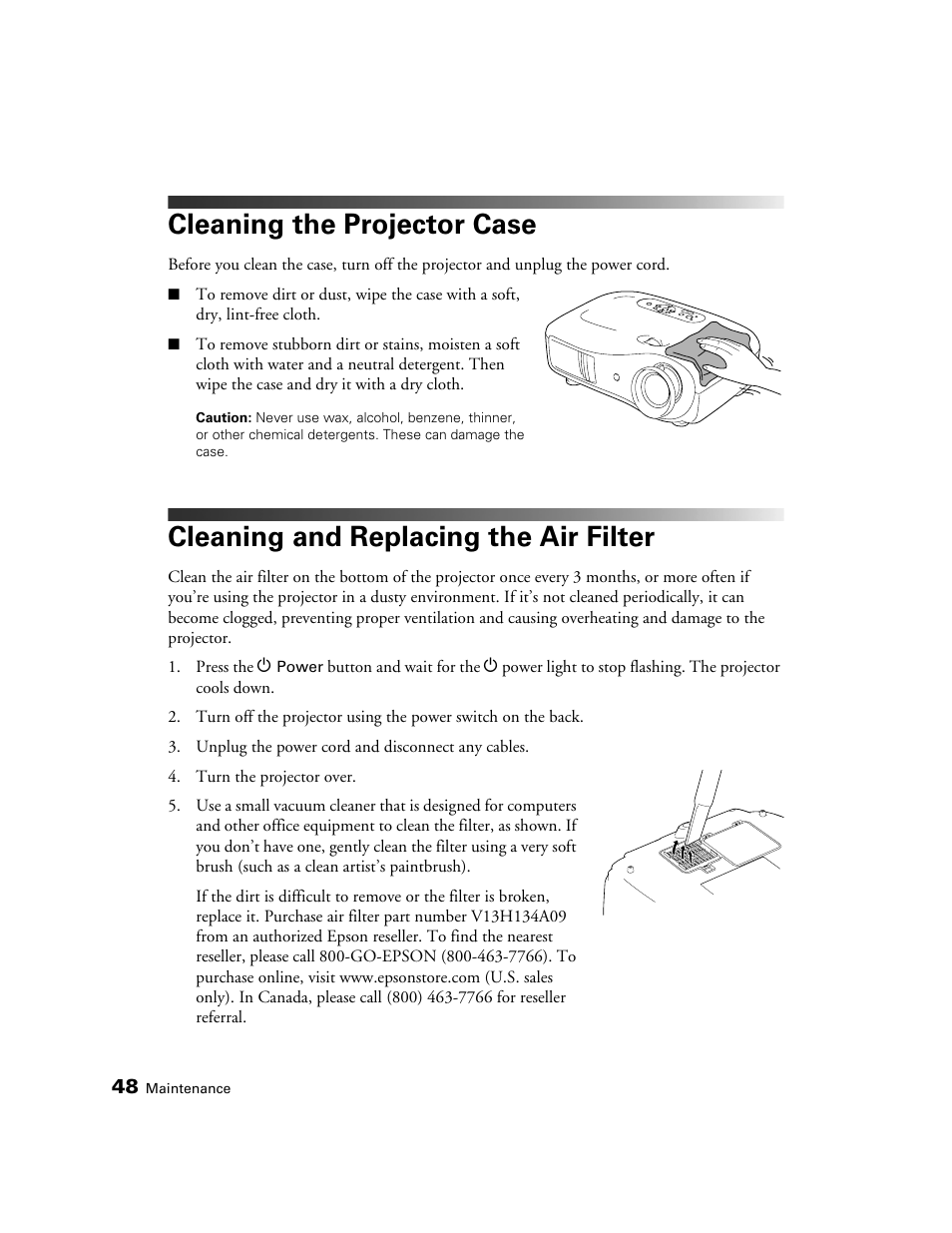 Cleaning the projector case, Cleaning and replacing the air filter | Epson 550 User Manual | Page 48 / 78