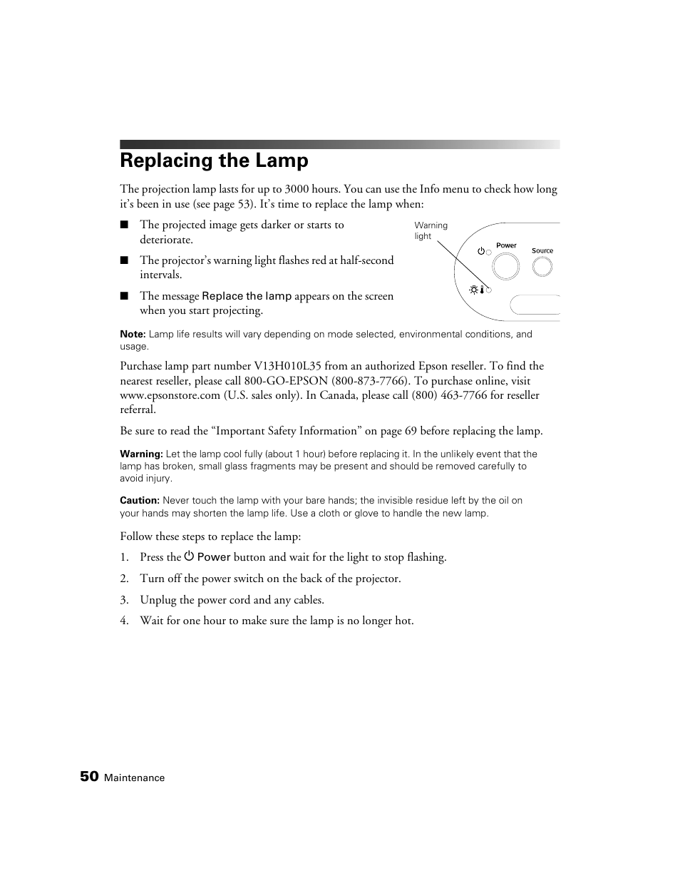 Replacing the lamp | Epson 550 User Manual | Page 50 / 78
