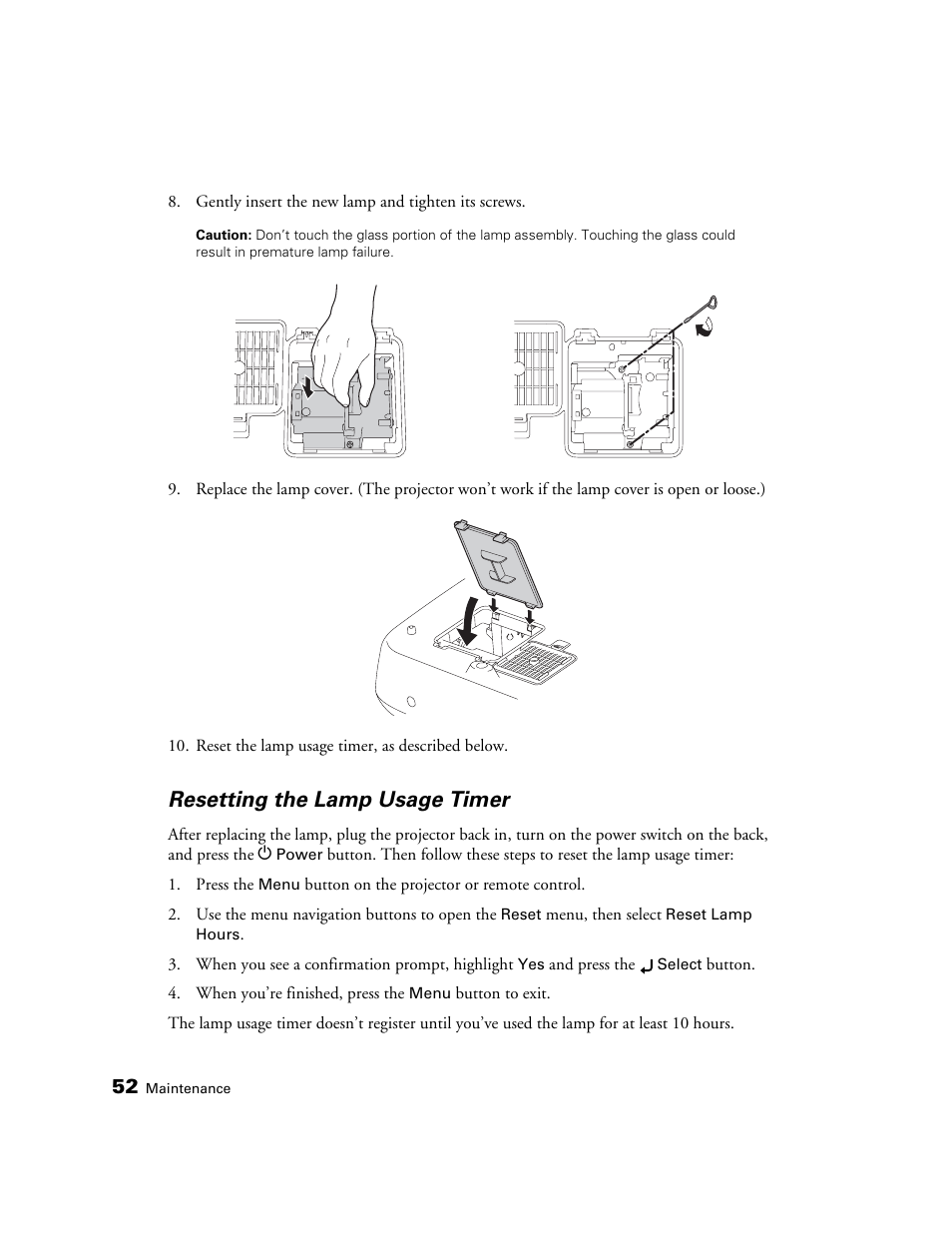 Resetting the lamp usage timer | Epson 550 User Manual | Page 52 / 78
