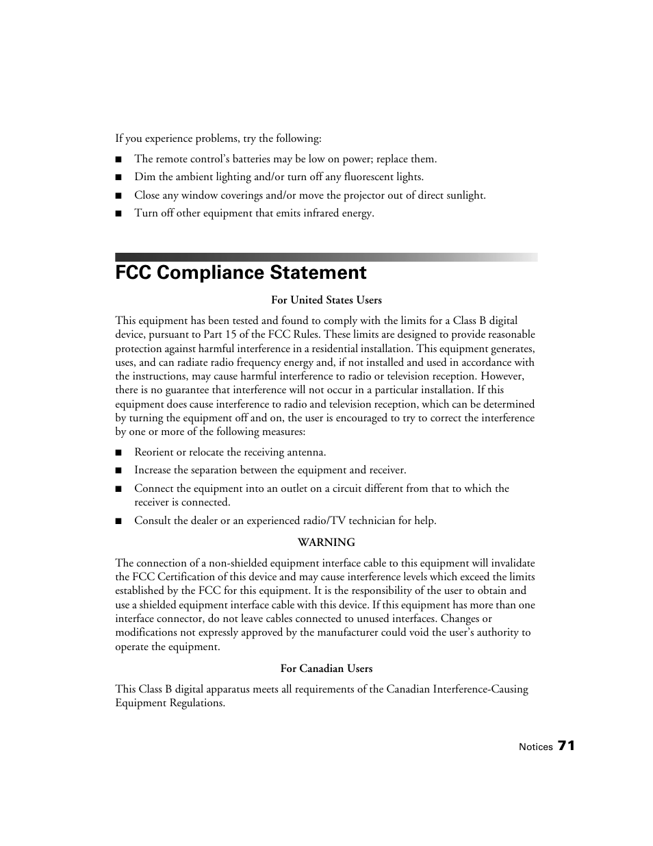 Fcc compliance statement | Epson 550 User Manual | Page 71 / 78