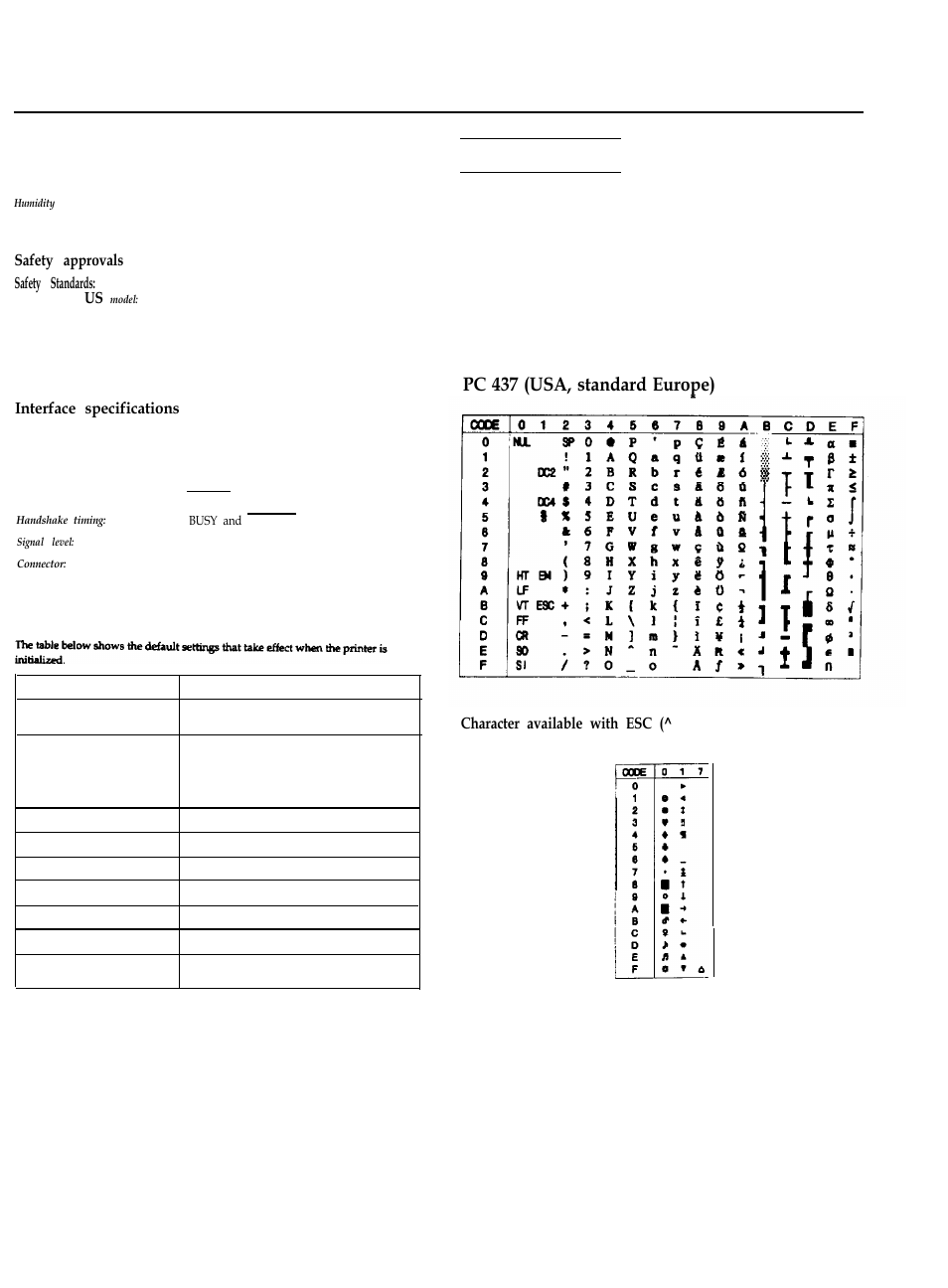 Environmental, Interface specifications, Default settings | Character tables, Actionprinter 3250, Pc 437 (usa, standard europe) | Epson 3250 User Manual | Page 3 / 9
