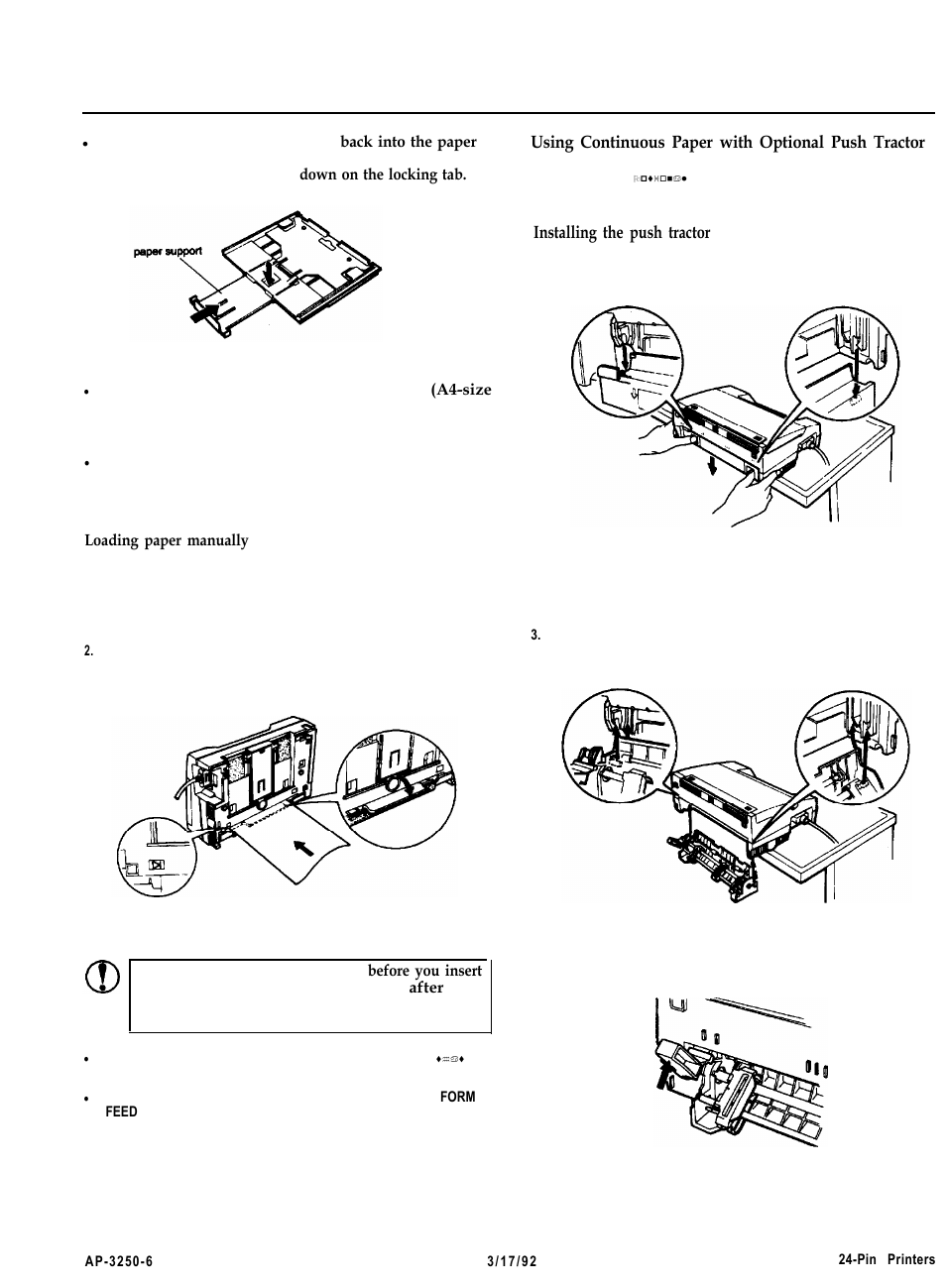 Loading paper manually, Using continuous paper with optional push tractor, Installing the push tractor | Actionprinter 3250 | Epson 3250 User Manual | Page 6 / 9
