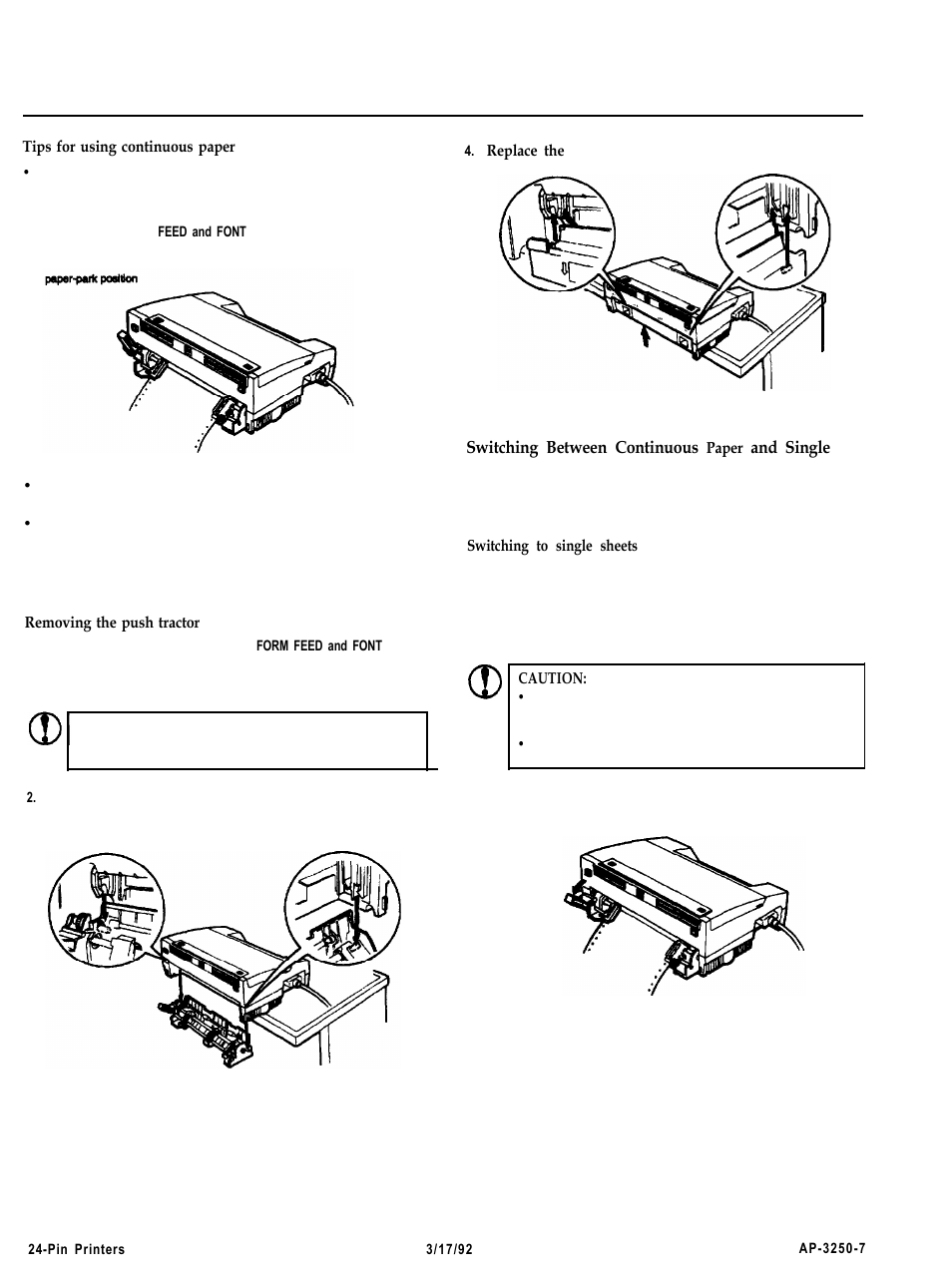 Tips fo rusing continuous paper, Removing the push tractor, Switching between continuous paper and single | Actionprinter 3250 | Epson 3250 User Manual | Page 7 / 9
