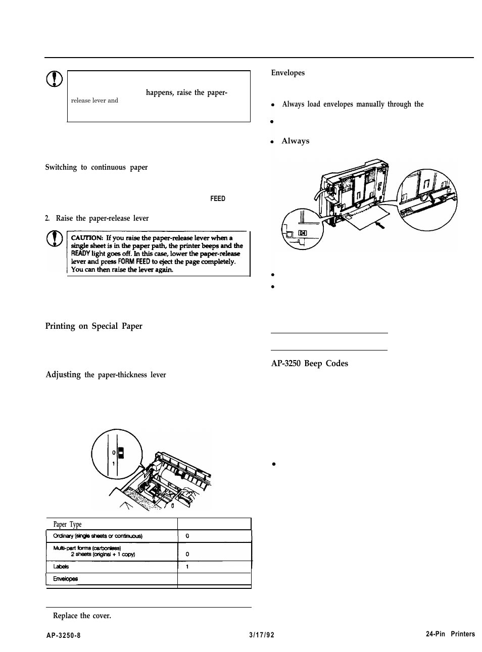 Printing on special paper, Installation/support tips, Ap-3250 beep codes | Actionprinter 3250 | Epson 3250 User Manual | Page 8 / 9