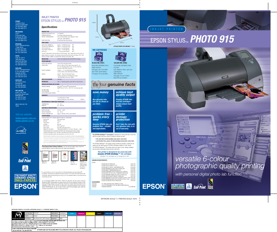 Photo 915, Versatile 6-colour photographic quality printing, Epson stylus | The four genuine facts, With personal digital photo lab function, Save money, Achieve best quality output, Problem free - works every time, Printer damage protection, Visit our website | Epson STYLUS PHOTO 915 User Manual | Page 4 / 4