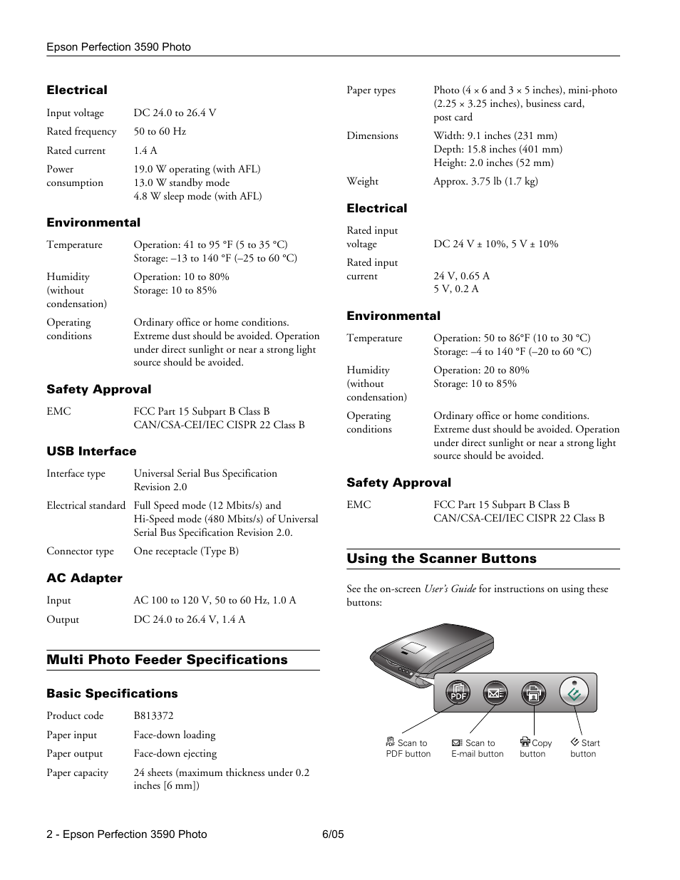 Electrical, Environmental, Safety approval | Usb interface, Ac adapter, Multi photo feeder specifications, Basic specifications, Using the scanner buttons | Epson Perfection 3590 User Manual | Page 2 / 7