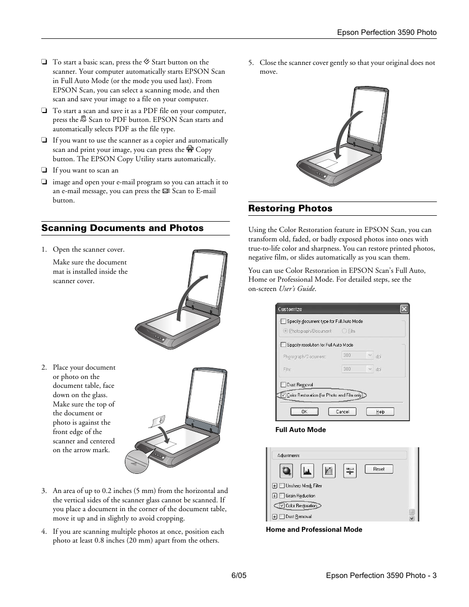 Scanning documents and photos, Restoring photos | Epson Perfection 3590 User Manual | Page 3 / 7