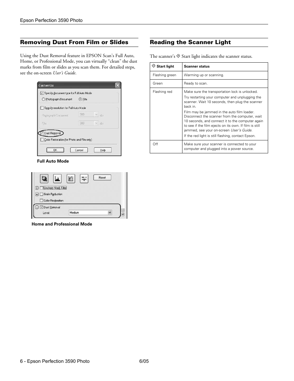 Removing dust from film or slides, Reading the scanner light | Epson Perfection 3590 User Manual | Page 6 / 7