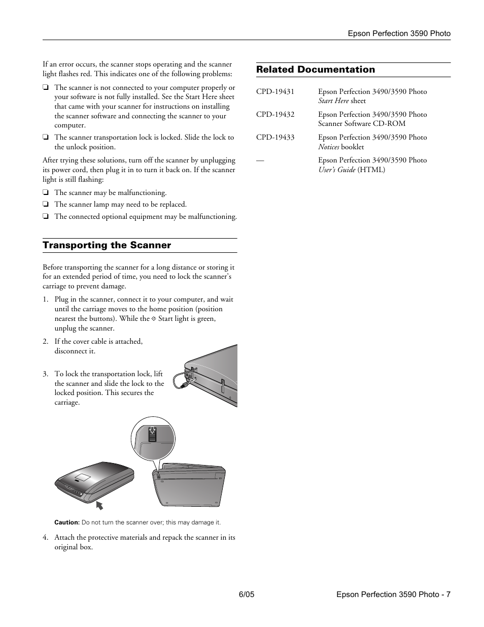 Transporting the scanner, Related documentation | Epson Perfection 3590 User Manual | Page 7 / 7