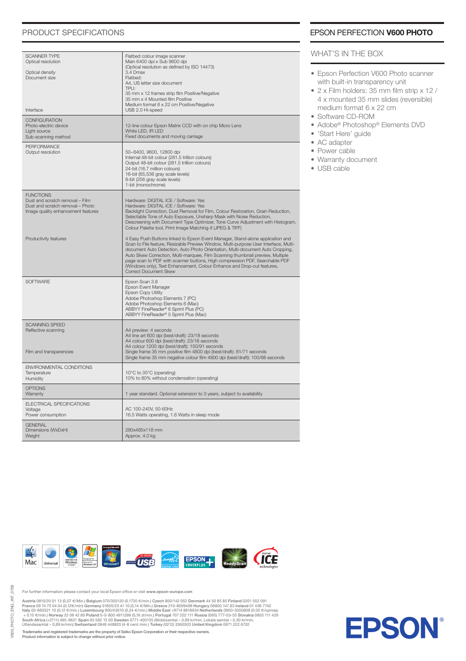 Epson perfection v600 photo product specifications, What’s in the box, Photoshop | Epson PERFECTION V600 PHOTO User Manual | Page 2 / 2