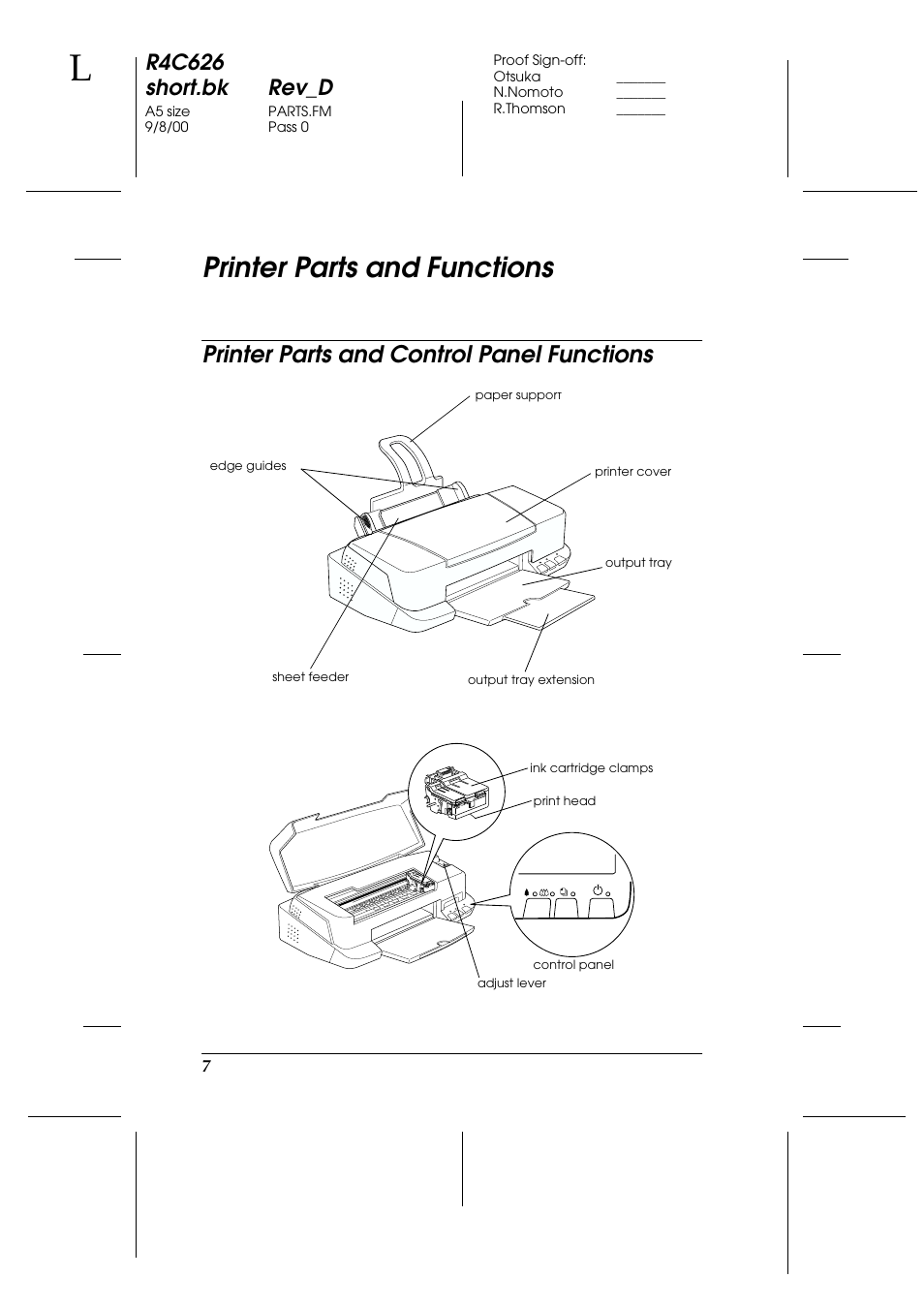 Printer parts and functions, Printer parts and control panel functions, R4c626 short.bk rev_d | Epson 880 User Manual | Page 12 / 74