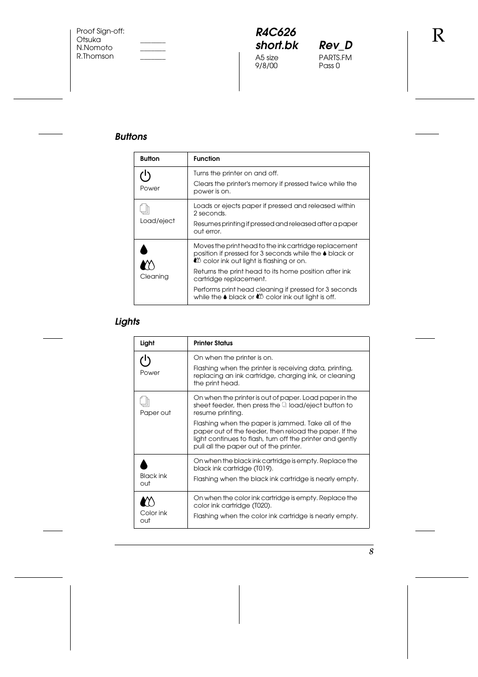 Buttons, Lights, R4c626 short.bk rev_d | Epson 880 User Manual | Page 13 / 74