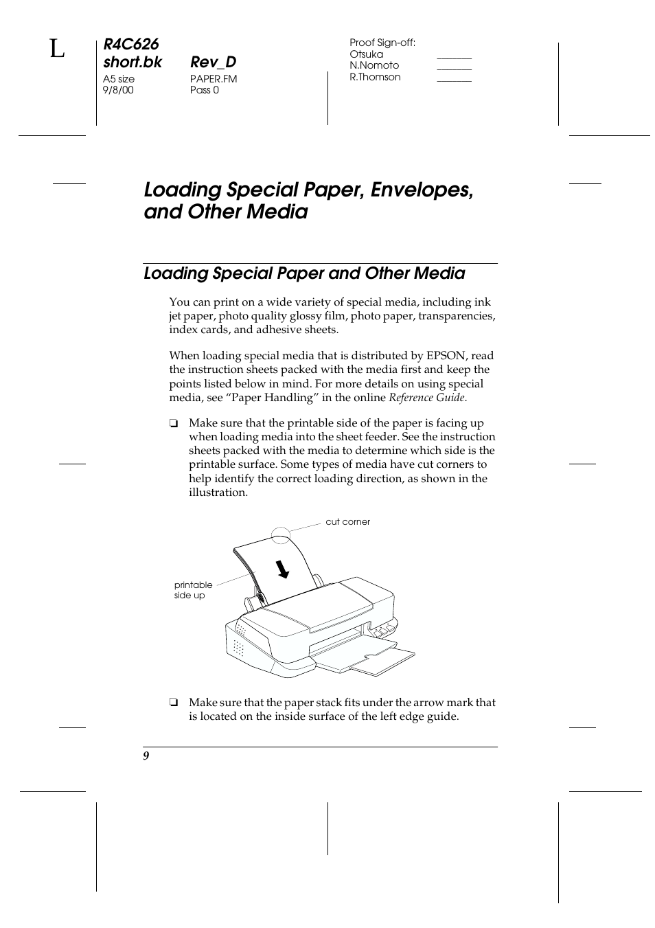 Loading special paper, envelopes, and other media, Loading special paper and other media, Loading special paper, envelopes, other media . 9 | R4c626 short.bk rev_d | Epson 880 User Manual | Page 14 / 74