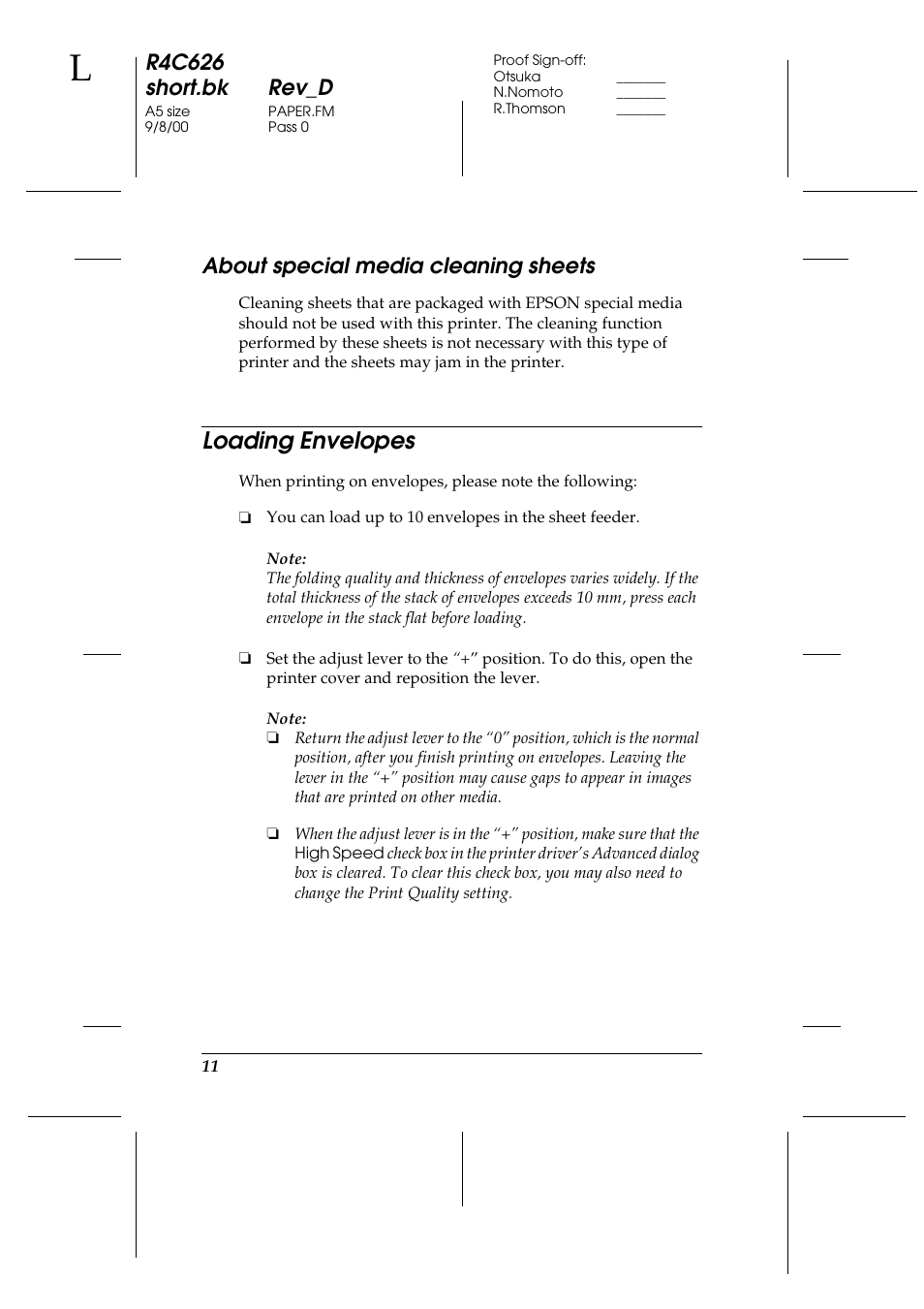 About special media cleaning sheets, Loading envelopes, R4c626 short.bk rev_d | Epson 880 User Manual | Page 16 / 74