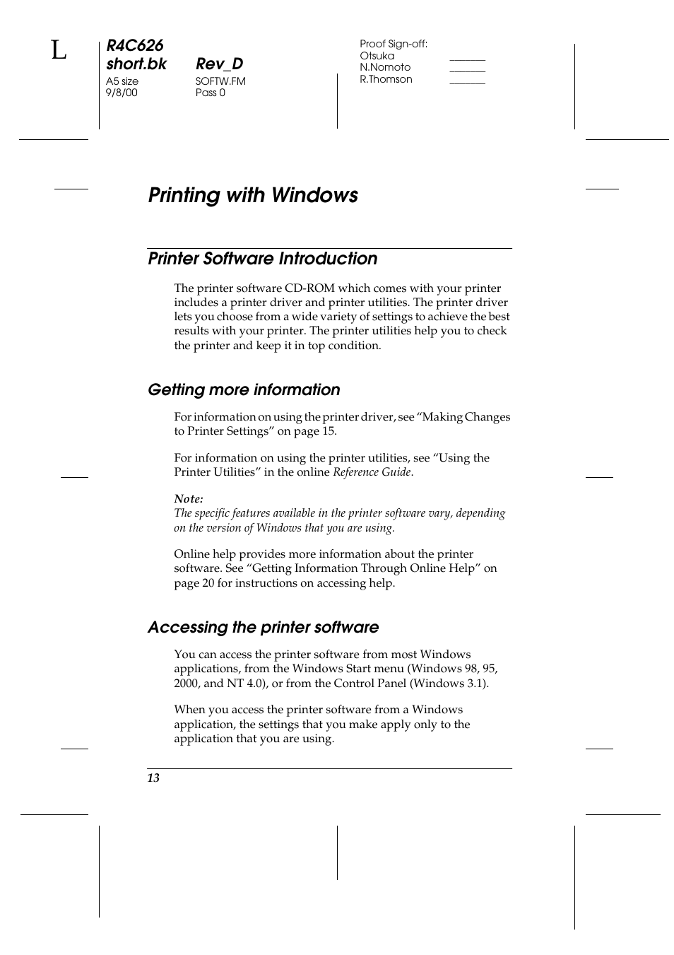 Printing with windows, Printer software introduction, Getting more information | Accessing the printer software, R4c626 short.bk rev_d | Epson 880 User Manual | Page 18 / 74