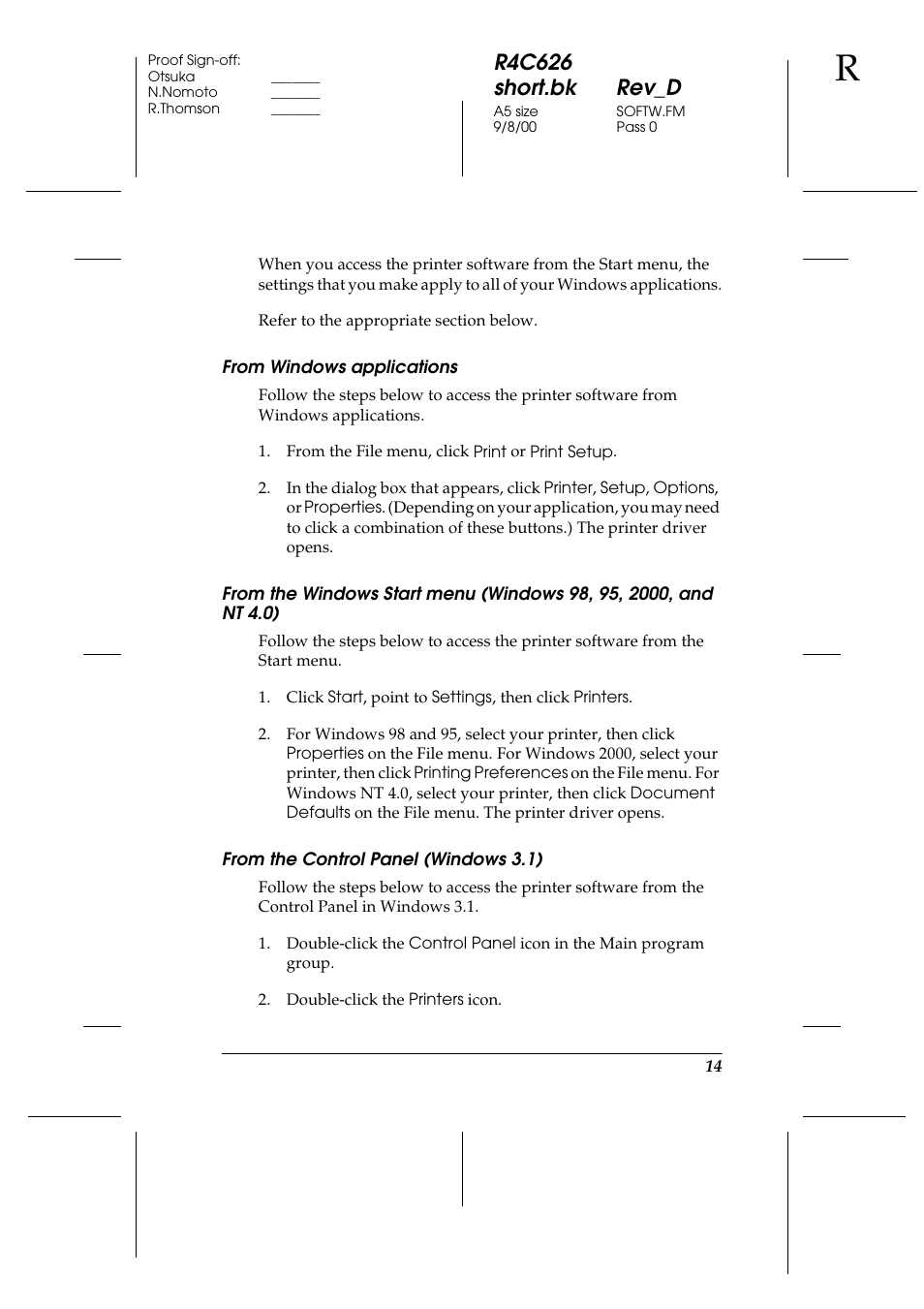 From windows applications, From the control panel (windows3.1), R4c626 short.bk rev_d | Epson 880 User Manual | Page 19 / 74
