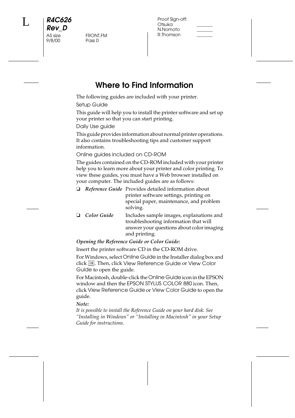 Where to find information, Setup guide, Daily use guide | Online guides included on cd-rom, R4c626 rev_d | Epson 880 User Manual | Page 2 / 74
