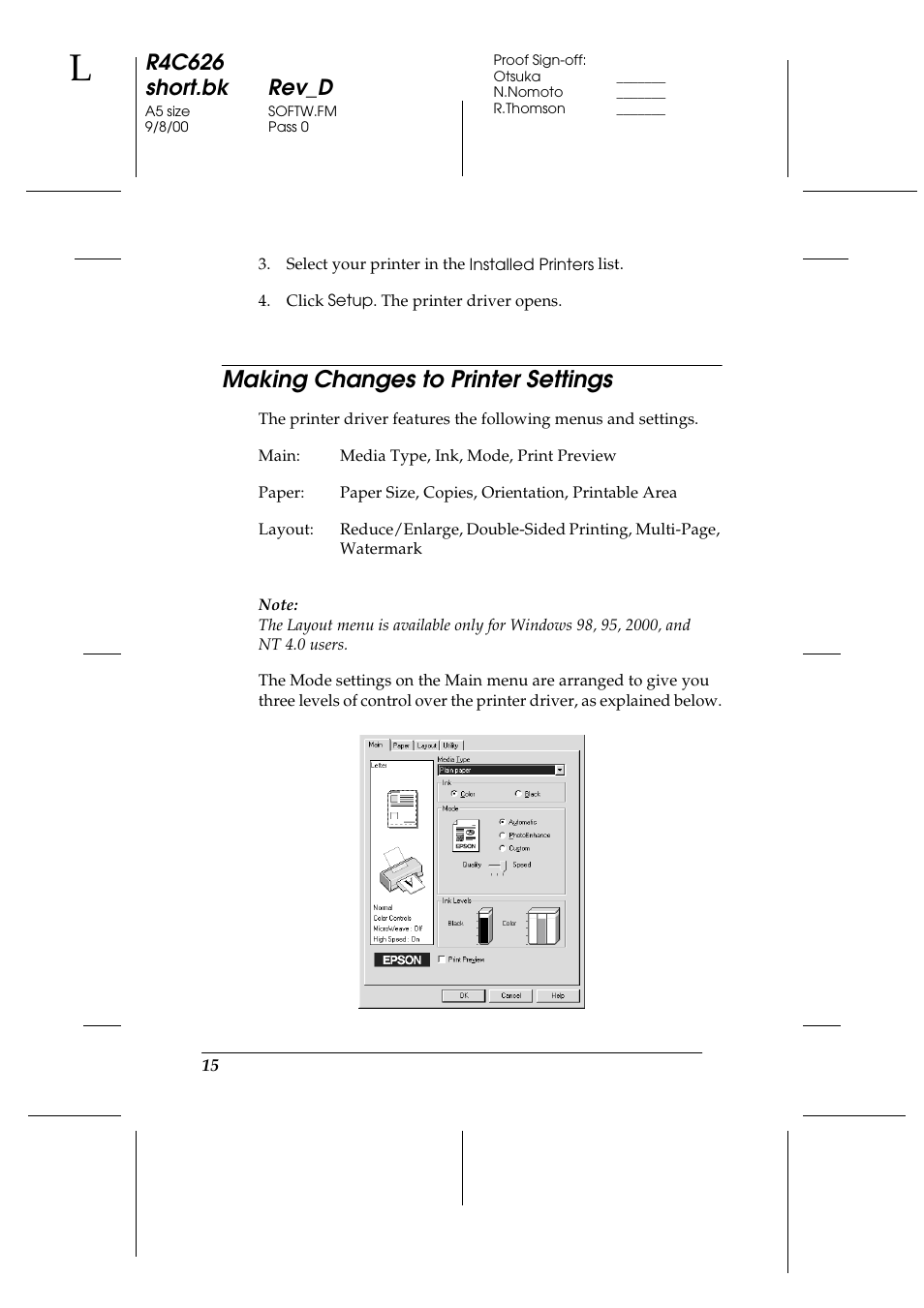 Making changes to printer settings, R4c626 short.bk rev_d | Epson 880 User Manual | Page 20 / 74