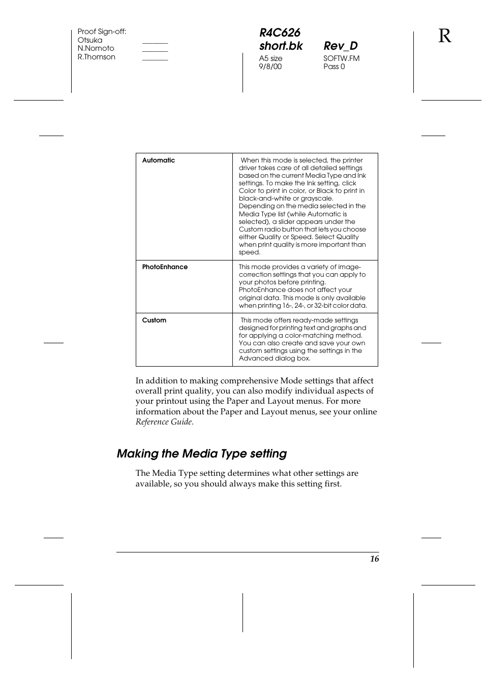 Making the media type setting, R4c626 short.bk rev_d | Epson 880 User Manual | Page 21 / 74