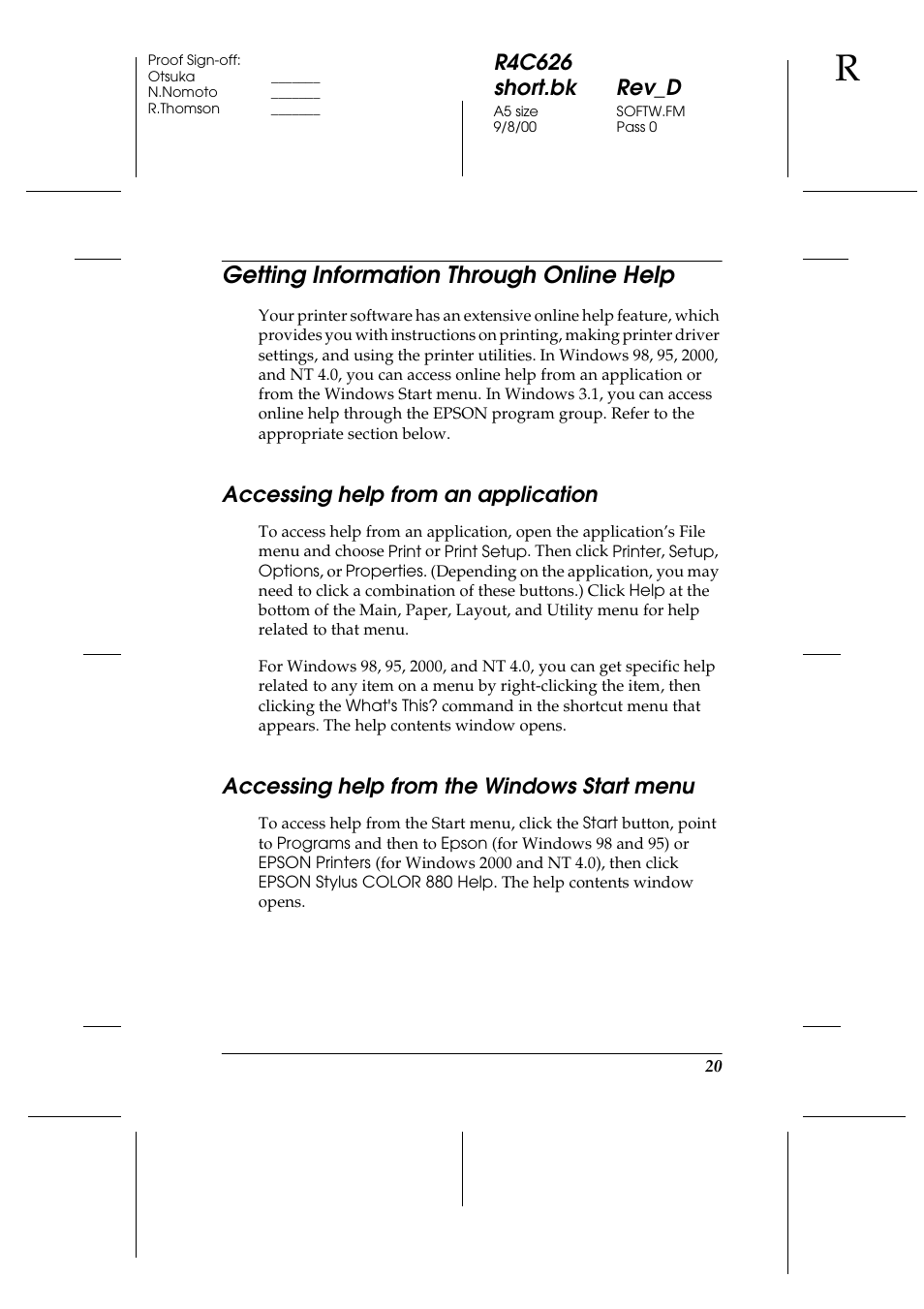 Getting information through online help, Accessing help from an application, Accessing help from the windows start menu | R4c626 short.bk rev_d | Epson 880 User Manual | Page 25 / 74