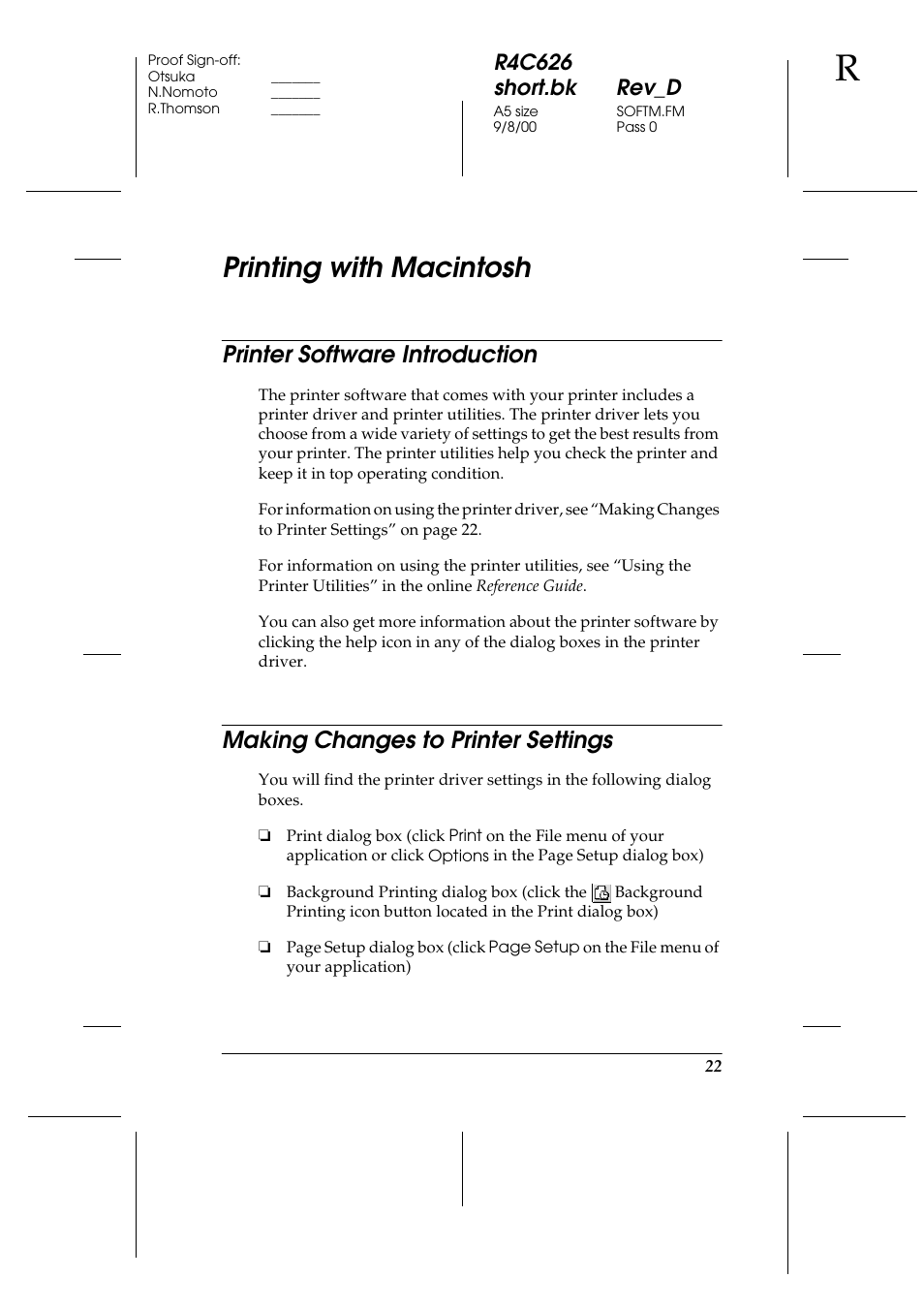 Printing with macintosh, Printer software introduction, Making changes to printer settings | R4c626 short.bk rev_d | Epson 880 User Manual | Page 27 / 74