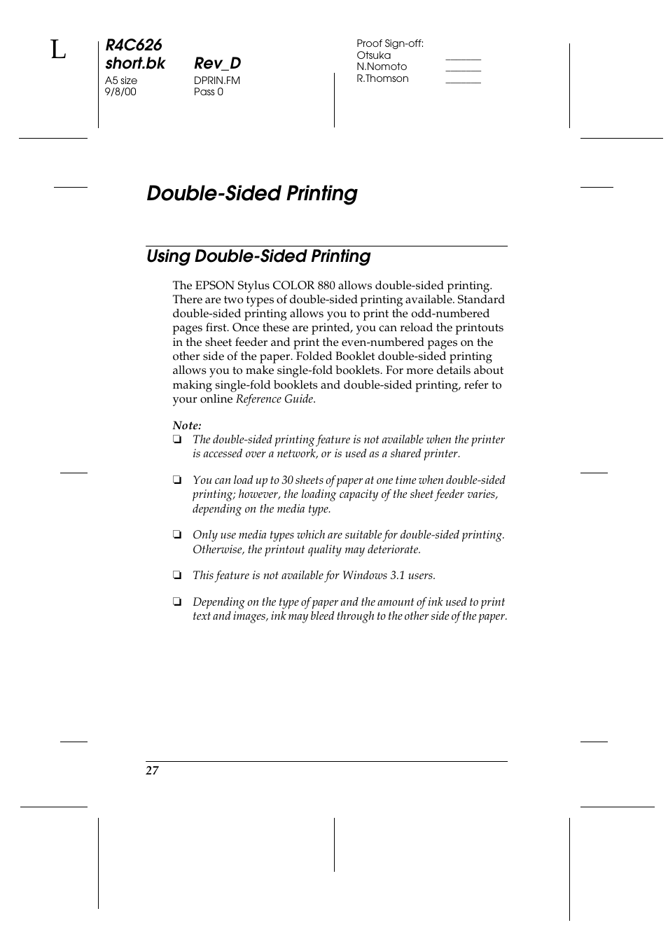 Double-sided printing, Using double-sided printing, R4c626 short.bk rev_d | Epson 880 User Manual | Page 32 / 74