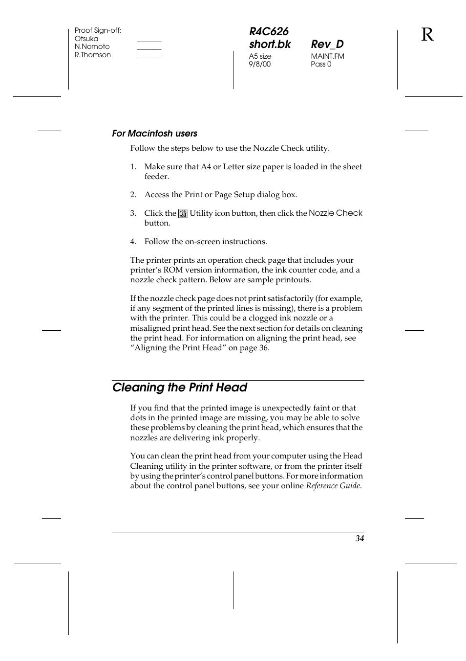 For macintosh users, Cleaning the print head, R4c626 short.bk rev_d | Epson 880 User Manual | Page 39 / 74