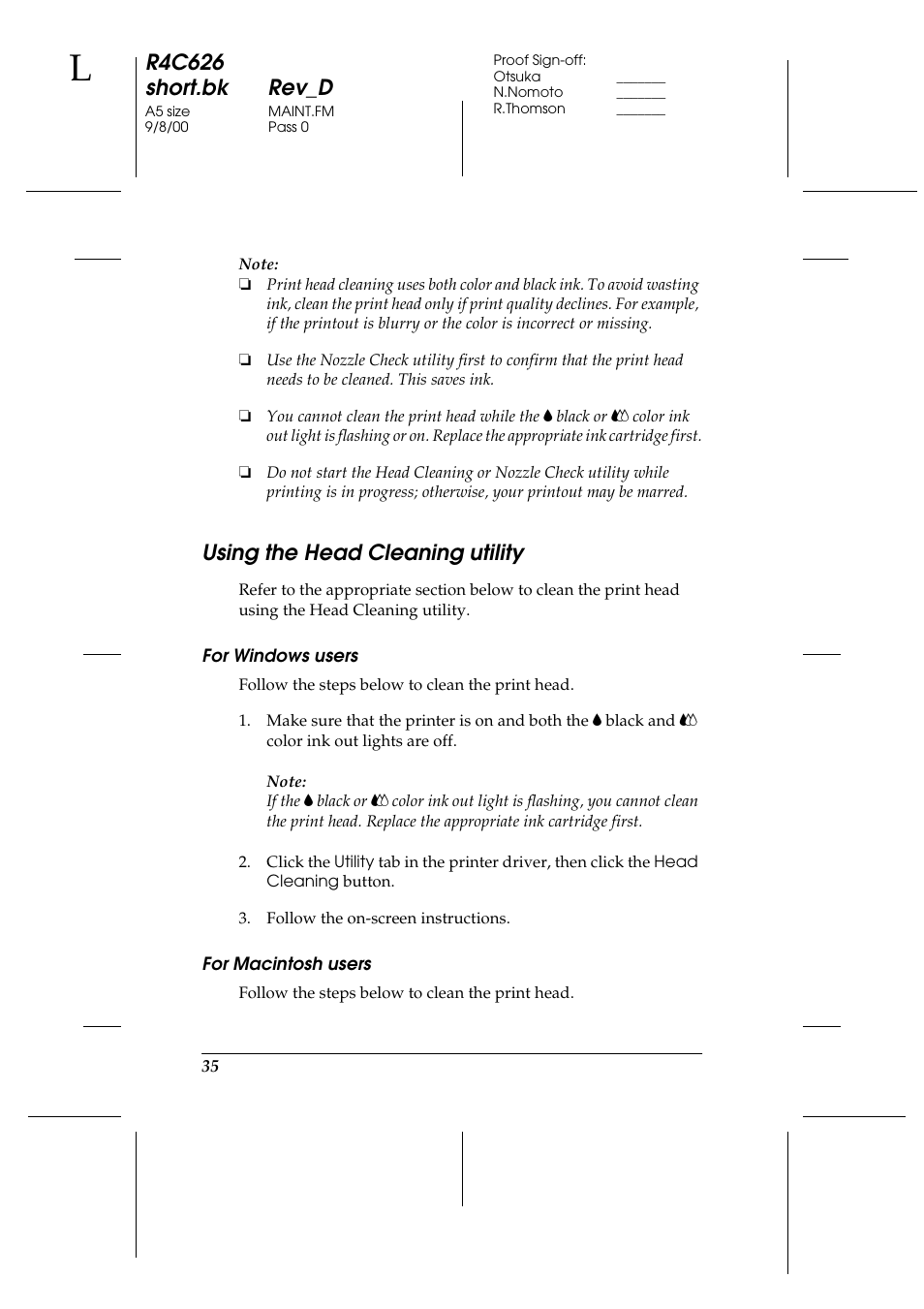 Using the head cleaning utility, For windows users, For macintosh users | R4c626 short.bk rev_d | Epson 880 User Manual | Page 40 / 74