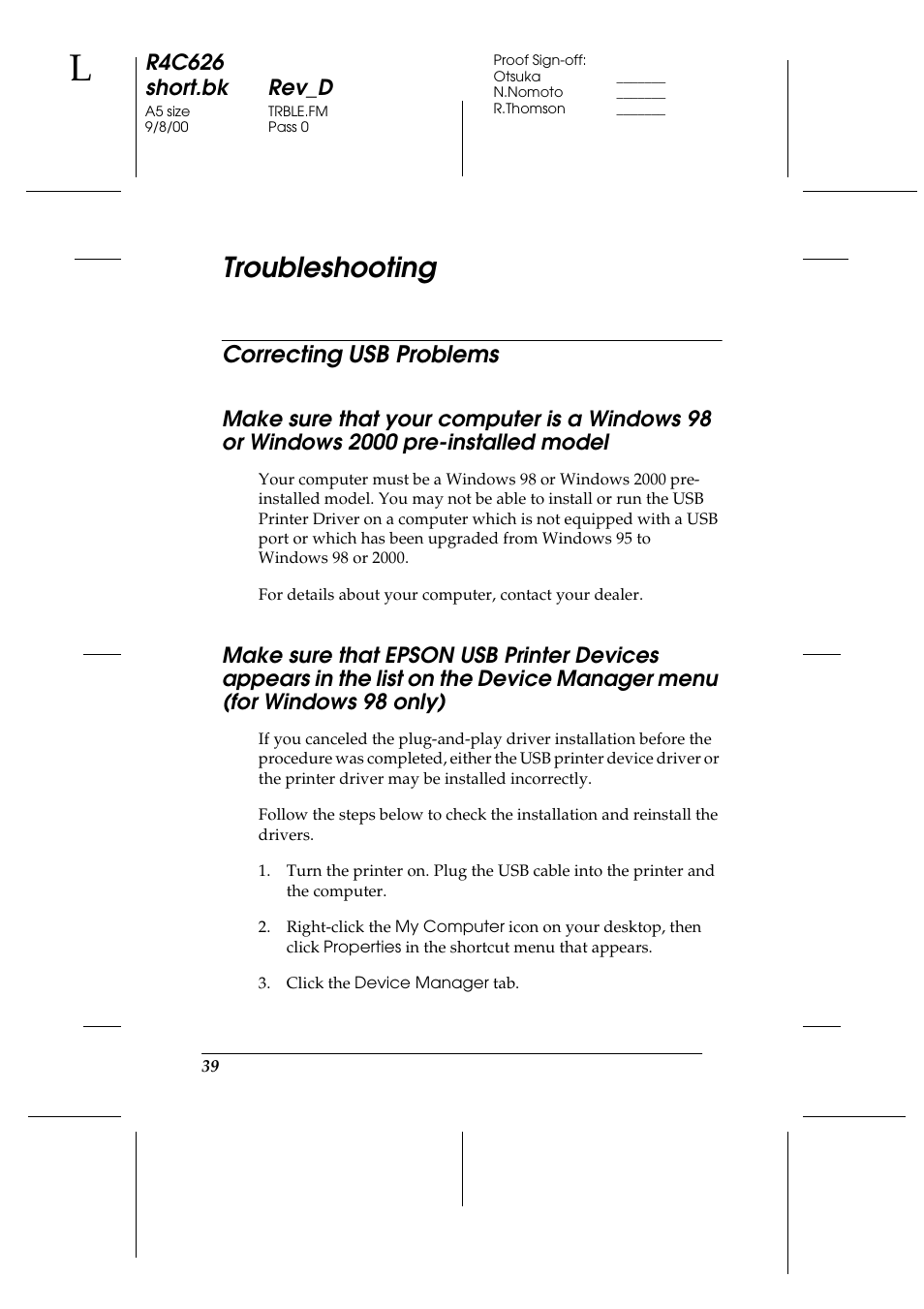 Troubleshooting, Correcting usb problems, R4c626 short.bk rev_d | Epson 880 User Manual | Page 44 / 74