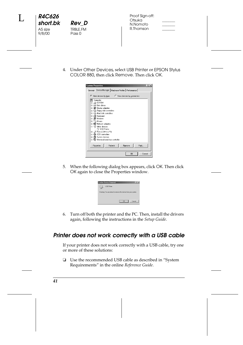 Printer does not work correctly with a usb cable, R4c626 short.bk rev_d | Epson 880 User Manual | Page 46 / 74