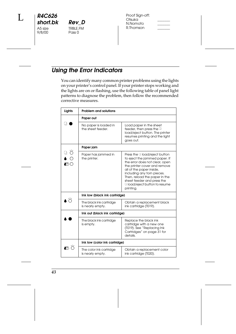 Using the error indicators, R4c626 short.bk rev_d | Epson 880 User Manual | Page 48 / 74