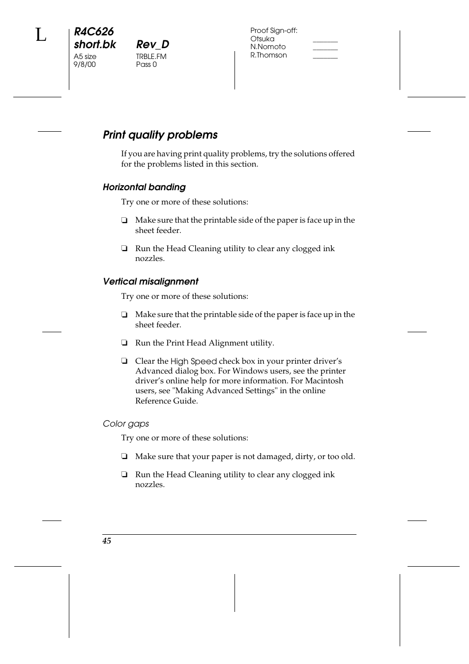 Print quality problems, Horizontal banding, Vertical misalignment | Color gaps, R4c626 short.bk rev_d | Epson 880 User Manual | Page 50 / 74