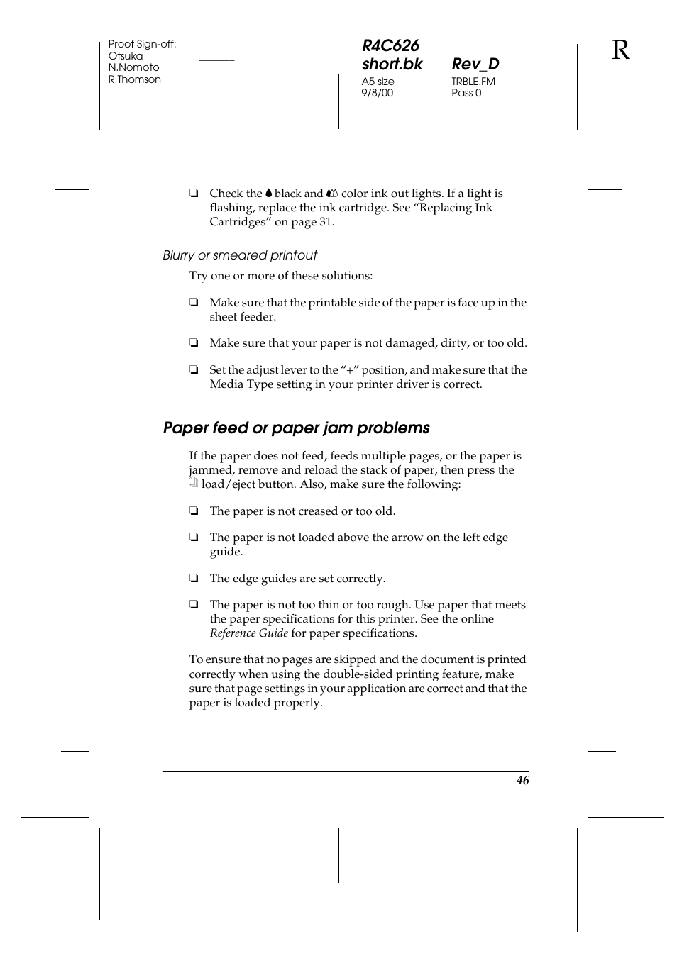 Blurry or smeared printout, Paper feed or paper jam problems, R4c626 short.bk rev_d | Epson 880 User Manual | Page 51 / 74