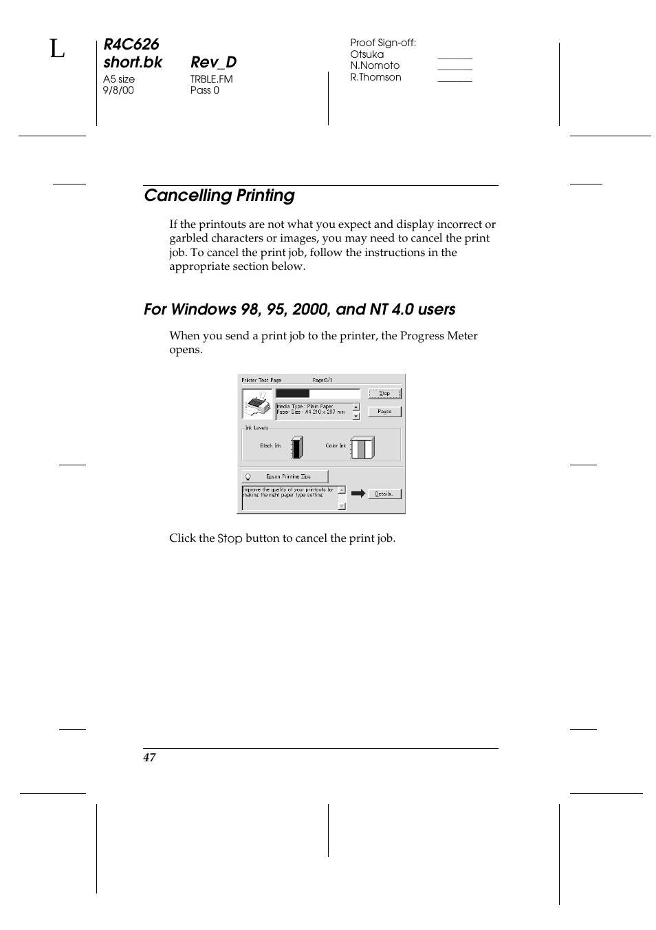 Cancelling printing, For windows98, 95, 2000, and nt4.0 users, R4c626 short.bk rev_d | Epson 880 User Manual | Page 52 / 74