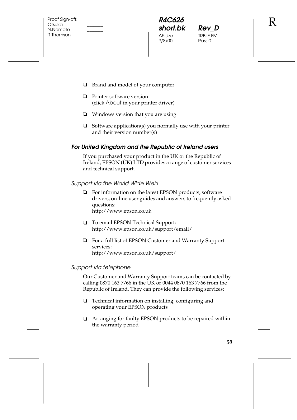 Support via the world wide web, Support via telephone, R4c626 short.bk rev_d | Epson 880 User Manual | Page 55 / 74