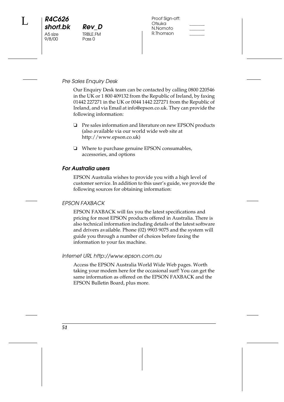 Pre sales enquiry desk, For australia users, Epson faxback | Internet url http://www.epson.com.au, R4c626 short.bk rev_d | Epson 880 User Manual | Page 56 / 74