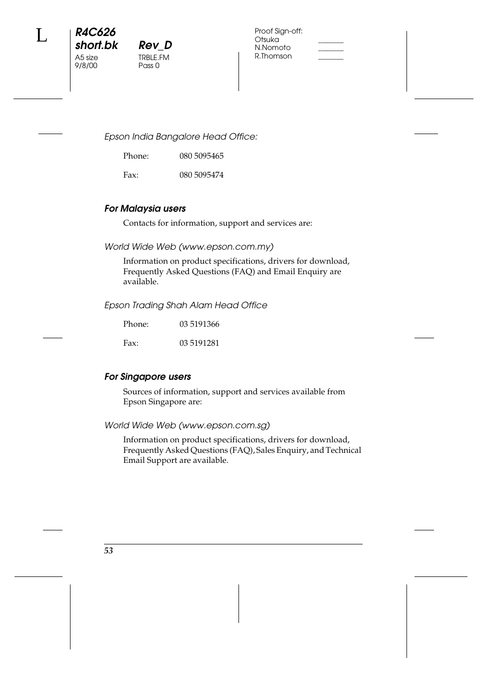 Epson india bangalore head office, For malaysia users, World wide web (www.epson.com.my) | Epson trading shah alam head office, For singapore users, World wide web (www.epson.com.sg), R4c626 short.bk rev_d | Epson 880 User Manual | Page 58 / 74