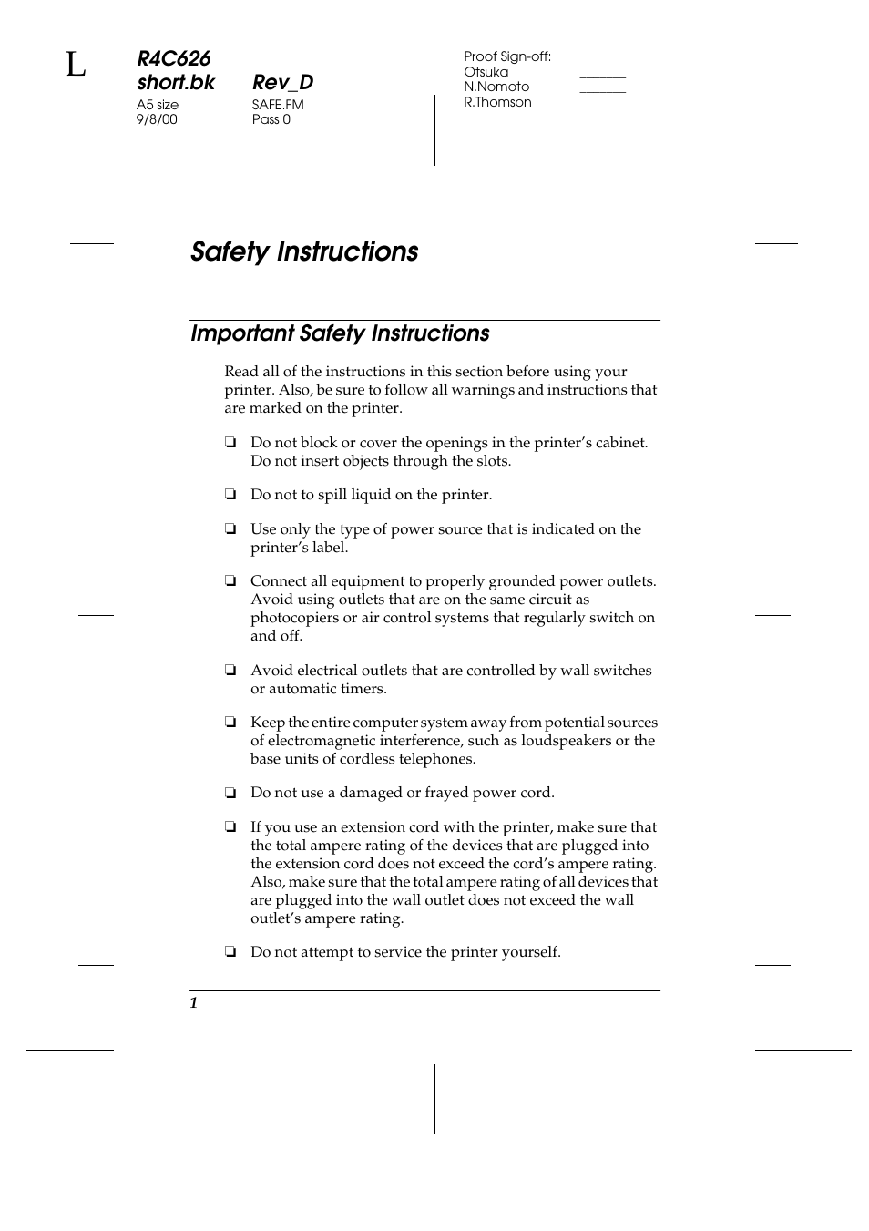 Safety instructions, Important safety instructions, R4c626 short.bk rev_d | Epson 880 User Manual | Page 6 / 74