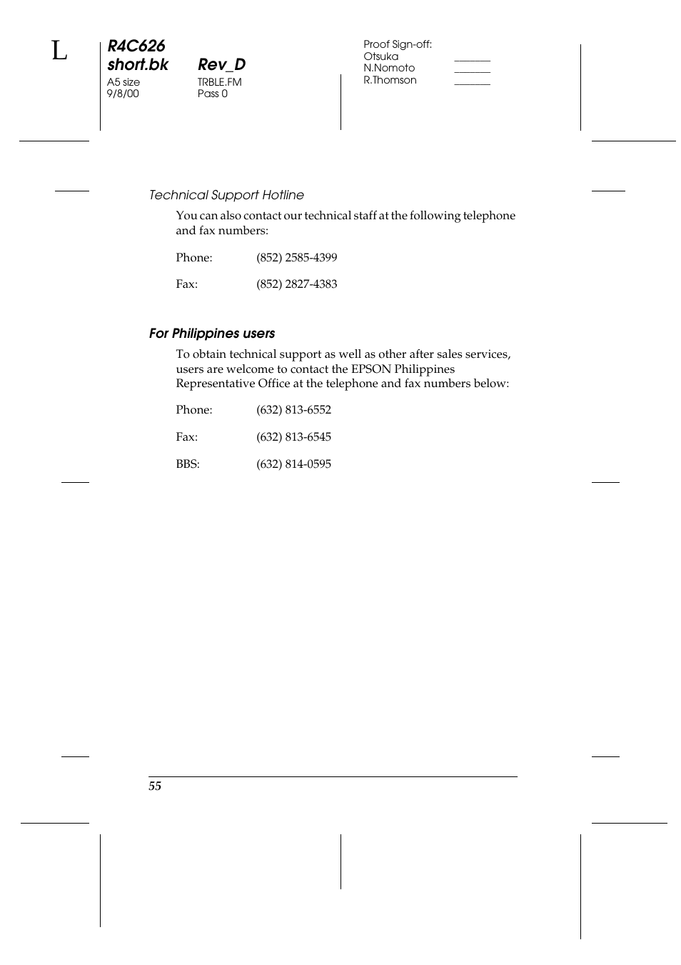 Technical support hotline, For philippines users, R4c626 short.bk rev_d | Epson 880 User Manual | Page 60 / 74