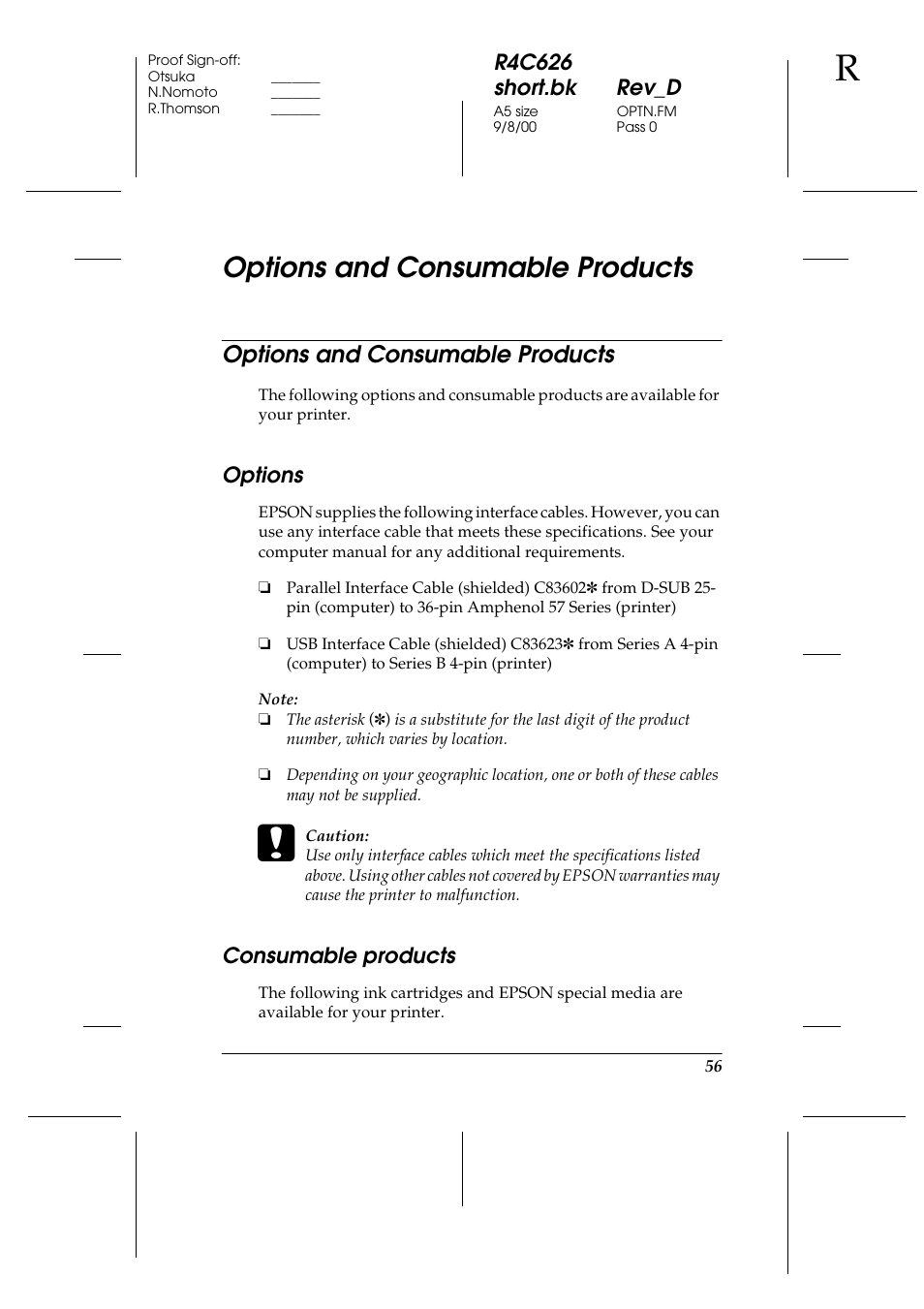 Options and consumable products, Options, Consumable products | Epson 880 User Manual | Page 61 / 74