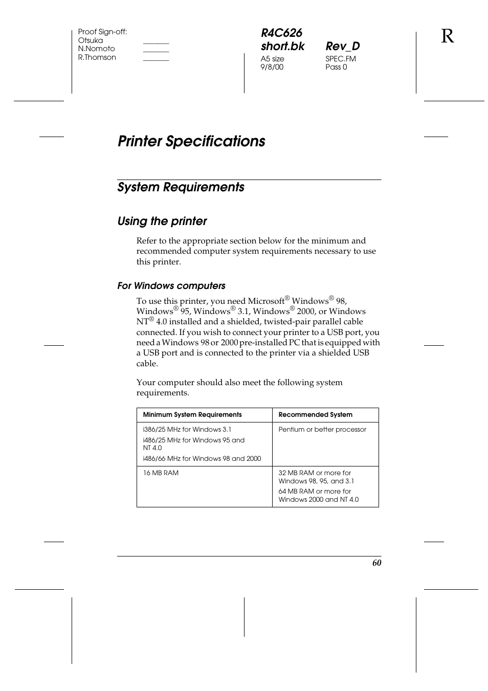 Printer specifications, System requirements, Using the printer | For windows computers, R4c626 short.bk rev_d | Epson 880 User Manual | Page 65 / 74