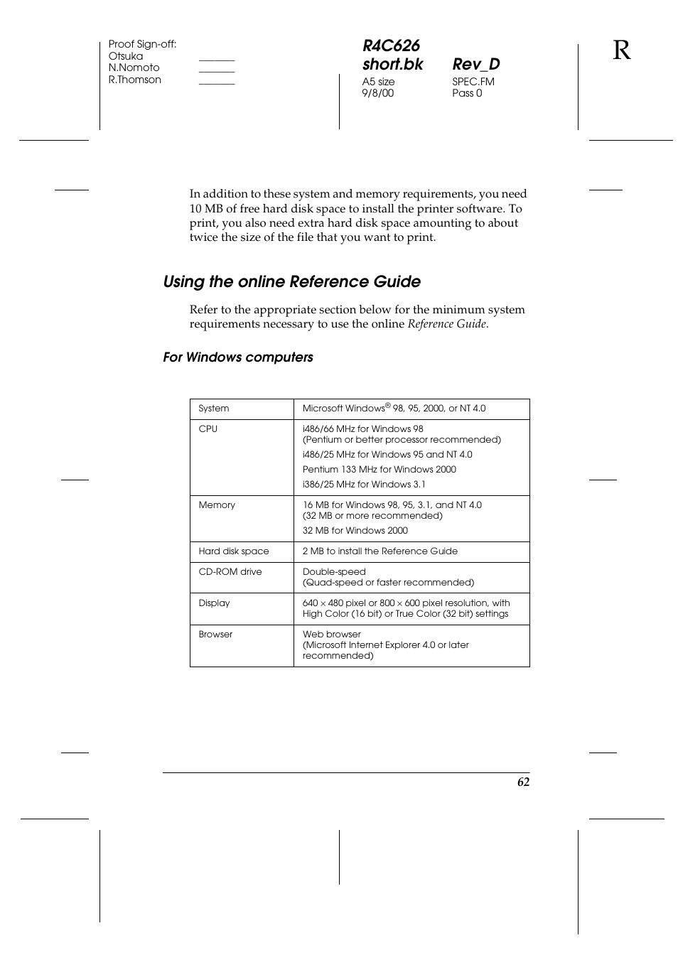 Using the online reference guide, For windows computers, R4c626 short.bk rev_d | Epson 880 User Manual | Page 67 / 74