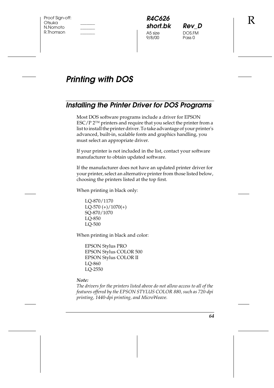 Printing with dos, Installing the printer driver for dos programs, R4c626 short.bk rev_d | Epson 880 User Manual | Page 69 / 74